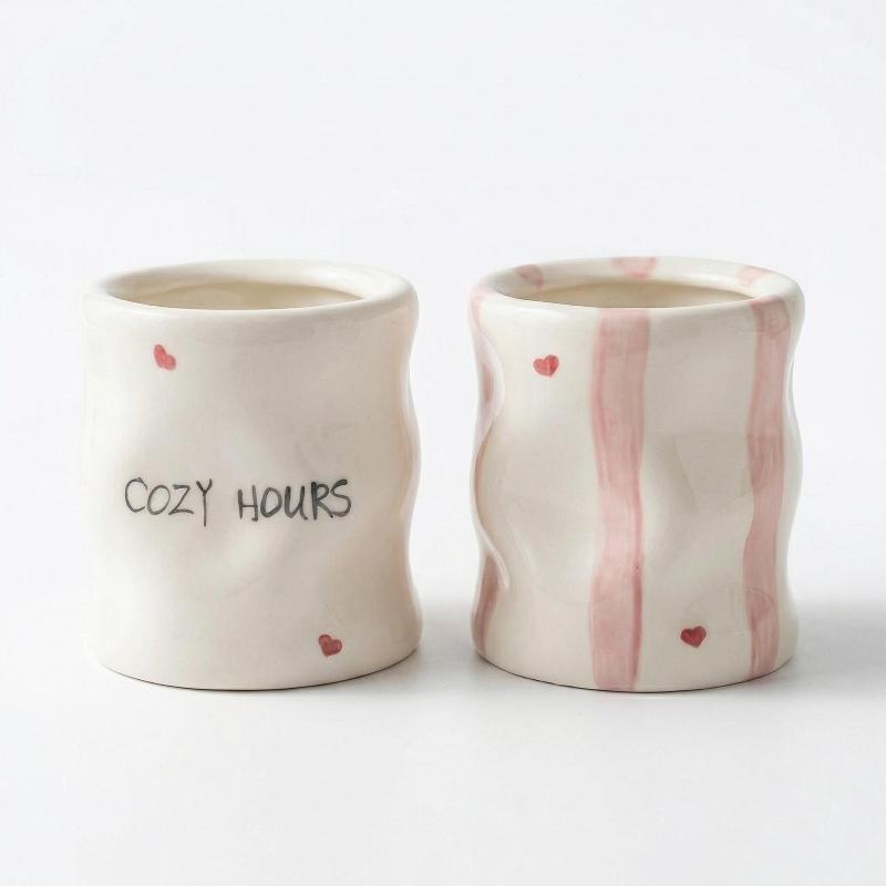 Hand Painted Striped Heart Ceramic Mug Irregular Wrinkle Shape Ins Style Coffee Cup For Home Office Afternoon Tea Time Use