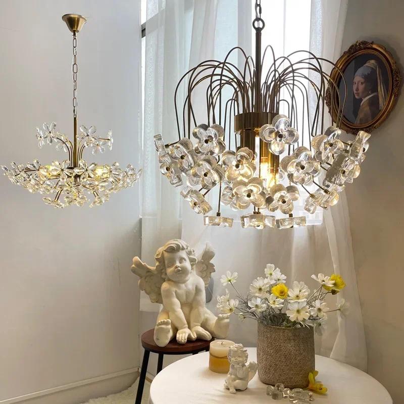 Nordic design luxury glass chandelier retro French countryside petal shaped restaurant bedroom home decoration lighting fixtures