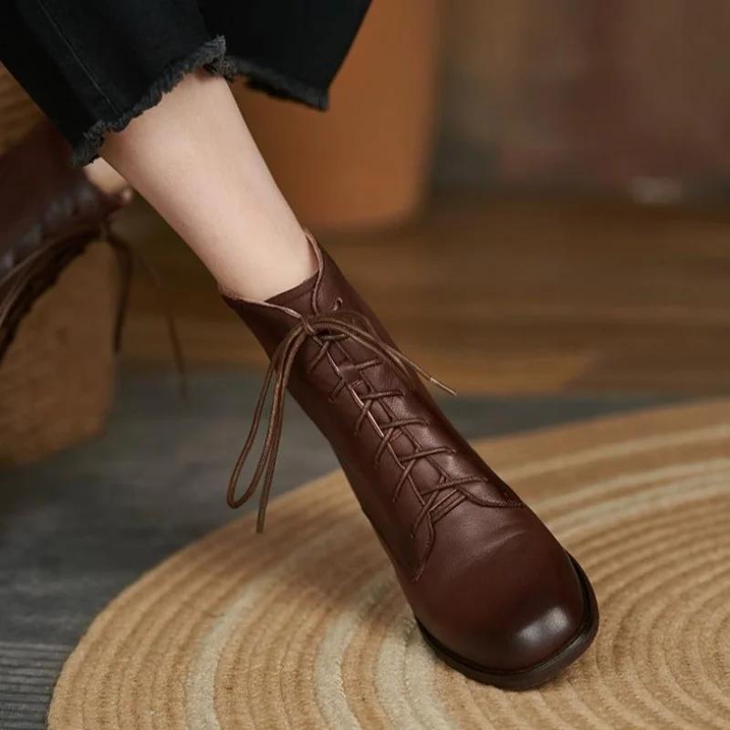 Fashion Autumn New Women's Boot Thick Heel Low Eye Fashion Boots Lacing Up Vintage Short Boots Cowhide Spring And Autumn Single Boots