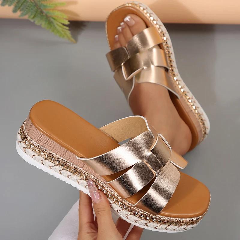 Gold Strap Slip On Sandals Women Summer 2025 Chunky Platform Wedge Heels Shoes Woman Plus Size Rivet Sole Outdoor Slippers Woman