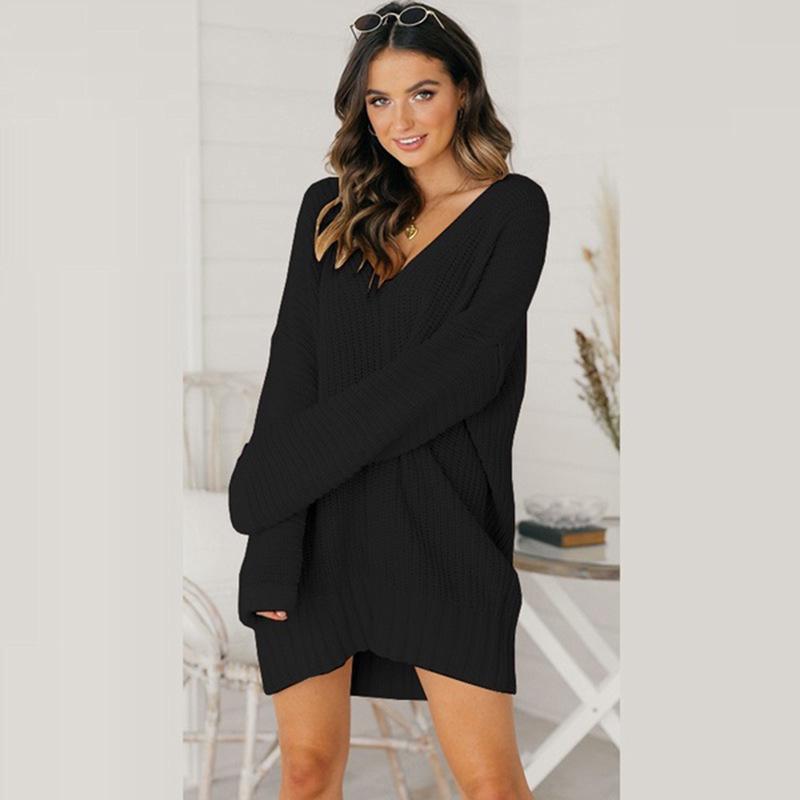 Sweater Women's Loose V-neck Mid Length Solid Color Casual Versatile Acrylic Knit Sweater