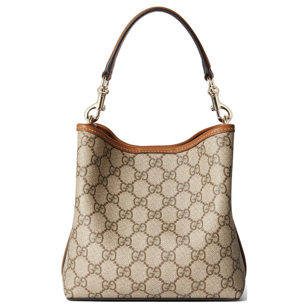 Gucci GG Emblem Removable Adjustable Shoulder Strap Bucket Bag Women Handbags Beige Dark-Brown 815118-FAD6L-9758