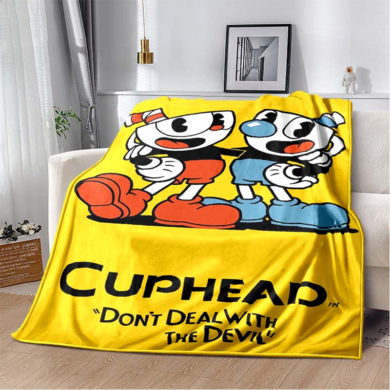 Cuphead & Mugman Flannel Blanket, Soft Throw with "Don't Deal With The Devil" Print, Cozy Bedding for Retro Game Fans