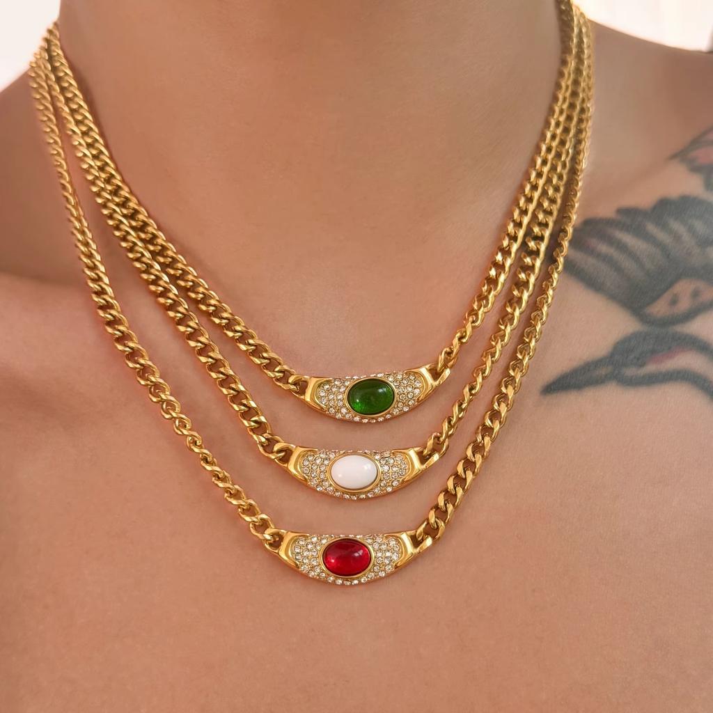 High-end Charm Stainless Steel Cat's Eye Stone Necklace Vintage Style Ancient Geometric Link Chain Choker