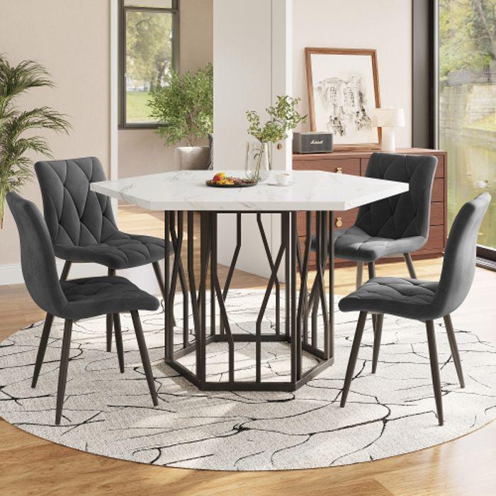 Ensemble salle à manger - Moderne - Table hexagonale en marbre - 4 chaises en velours gris - 5 pièces
