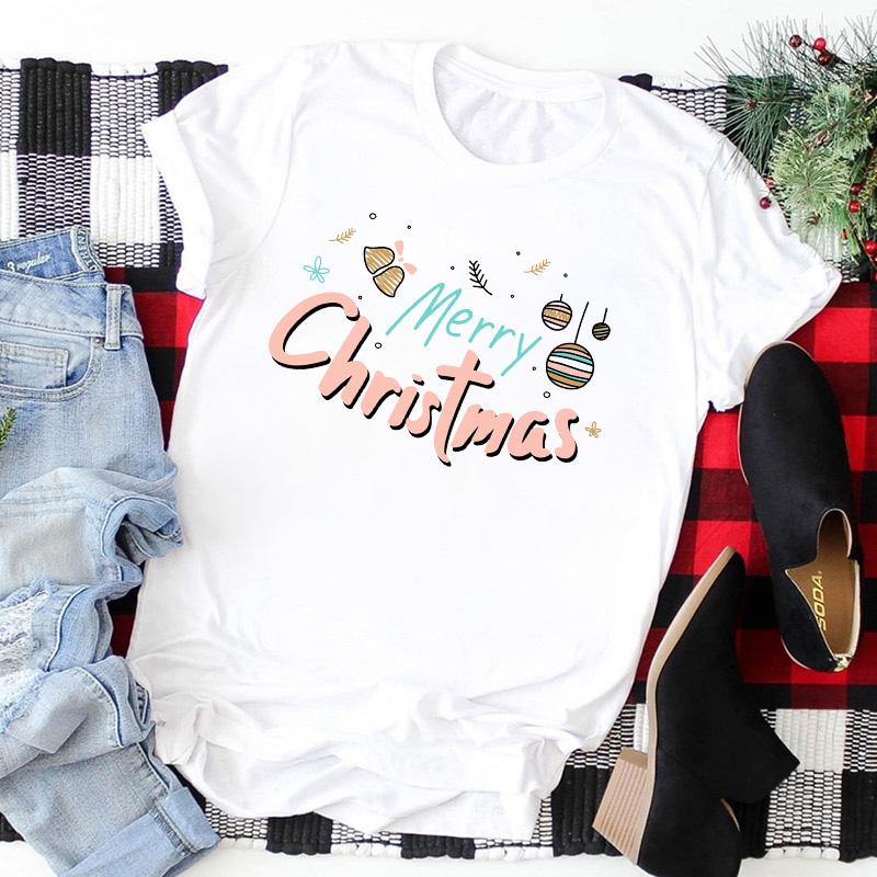

Merry Christmas Wreath Graphic Summer T-Shirt Female Tops Tshirts For Women T-Shirt Woman Short Sleeve Christmas Colored XXXL білий