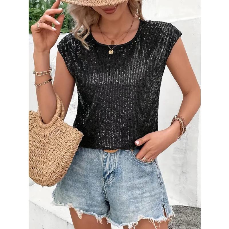 VEZFAA Women's Fashion Casual Summer Spring Solid Color Print Short Sleeve O-Neck Blouses & Shirts