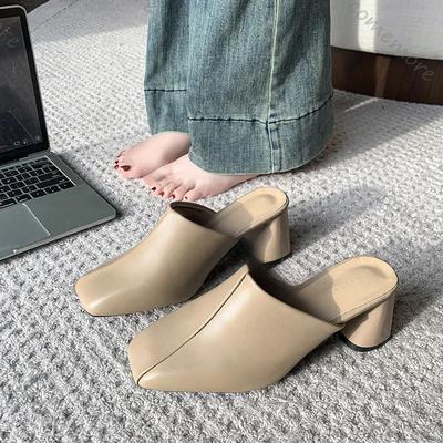 New Baotou Half Slippers Women Square Head High Heels Shoes Fashion Outside Wear Thick Heel Solid Color Mules Slides Shoes