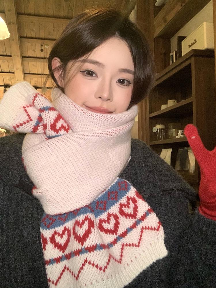 New Women'S Beige Heart Bow Knit Scarf Winter Warm Soft Valentine'S Day Fashion Korean Wrap Scarves For Ladies Male Sweet Casual