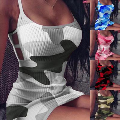 Womens Fashion Sleeveless Camouflage Print Bandage Package Hip Mini Dress Slim Fit Skinny Casual Pencil Dress