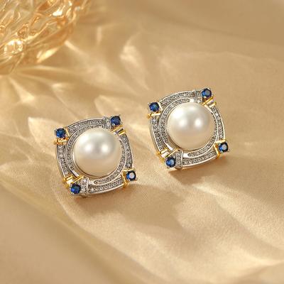 French Retro Pearl Zircon Stud Earrings Sapphire Two-Color Gold Square Earrings Temperament Elegant Muse Fan Ear Jewelry