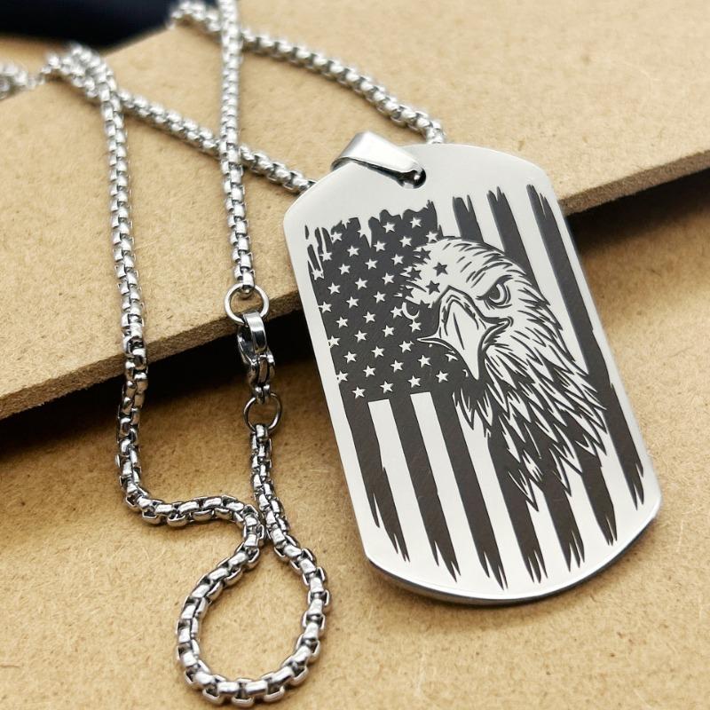 American Flag Eagle Dog Tag Stainless Steel Hip Hop Necklace For Men