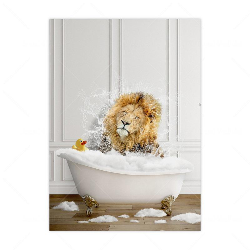 Funny And Cute Animal Canvas Prints Bathroom Wall Art Posters Highland Cow Giraffe Lion Take Shower Pictures For Washroom Decor