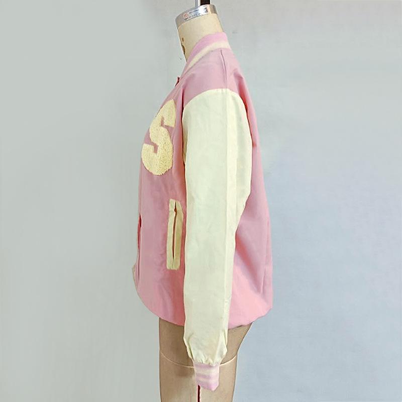 Jaqueta de beisebol solta com emenda de cores contrastantes para mulheres outono