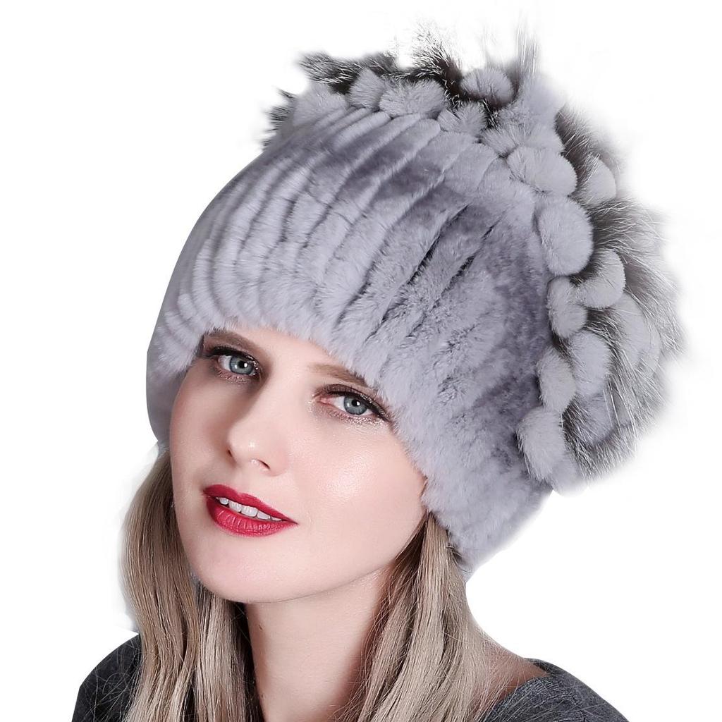 Damska europejska i amerykańska zimowa czapka z grubej wełny z futrem z królika ottera i kwiatem z boku