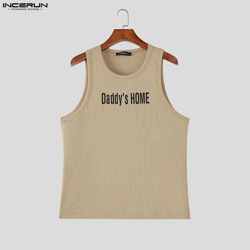 INCERUN Summer Men Sleeveless Print Ribbed Casual Sport Tank Tops Vest
