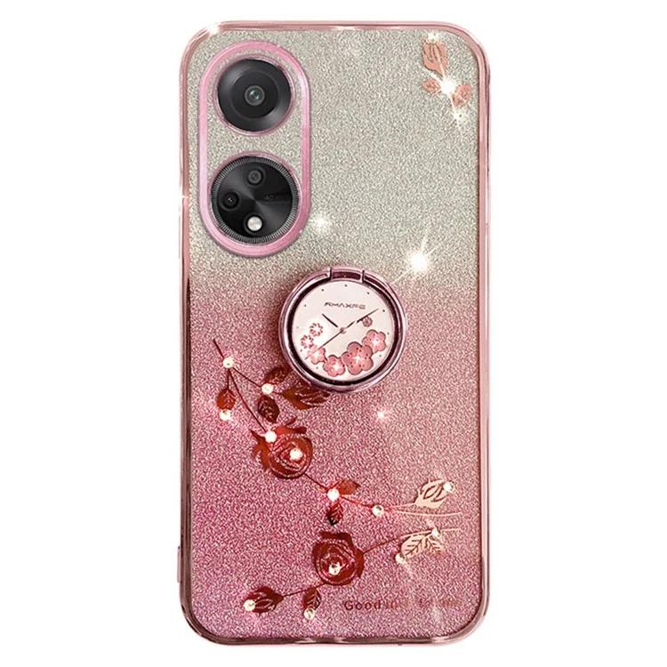 

For Honor Play 30 Plus 5G Ring Kickstand TPU Cover Flower Pattern Glitter Phone Anti-fall Case