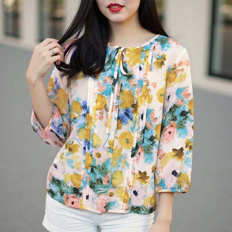 ZANZEA Women Casual Round Neck 3/4 Sleeve Loose Floral Print Blouse