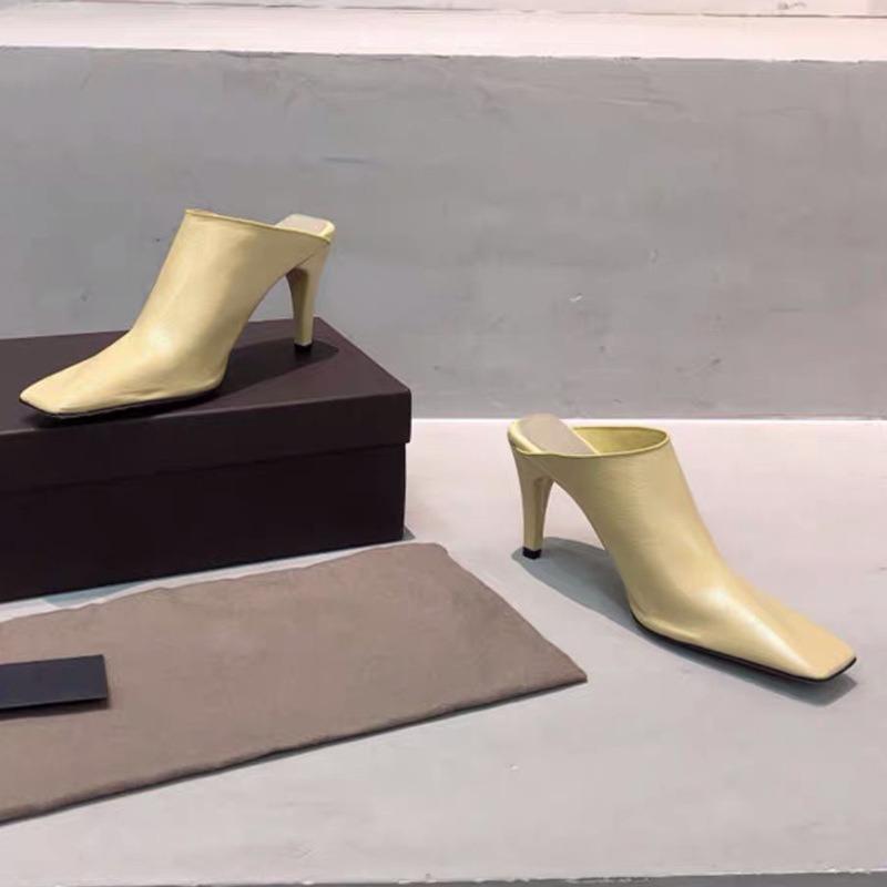 Fashion European And American Style High-Heeled Slippers Female Summer Square Head Thick With Patent Leather Bun Head Muller Half Slippe