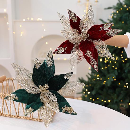 Fleurs de Poinsettia en Tissu à Paillettes de Noël 11 Pouces Grandes Artificielles à Paillettes Ornements d'Arbre de Noël pour Mariage Fête de Fin d'Année