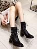 Fashion Elegant with Medium Heels Lace-up Women's Ankle Boots Square Toe Fleece-Lined Booties Autumn Winter Leather Female Short Shoes