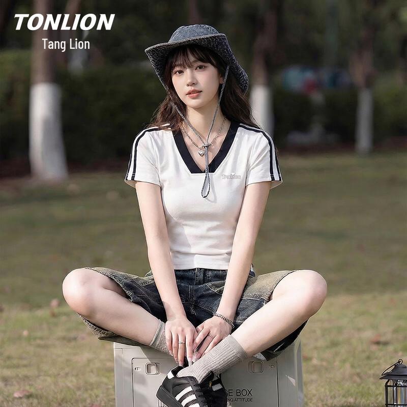 Женская футболка TonLion с V-образным вырезом, блоками цвета и коротким рукавом S