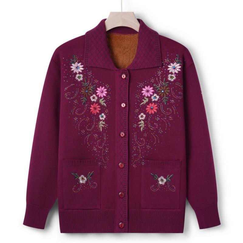 

Кардиган вязаный флисовый на лацканах для бабушки, свитер для женщин среднего возраста, утолщенный свитер, осенне-зимнее пальто 4XL (recommended 130-72.5kg) розы красного