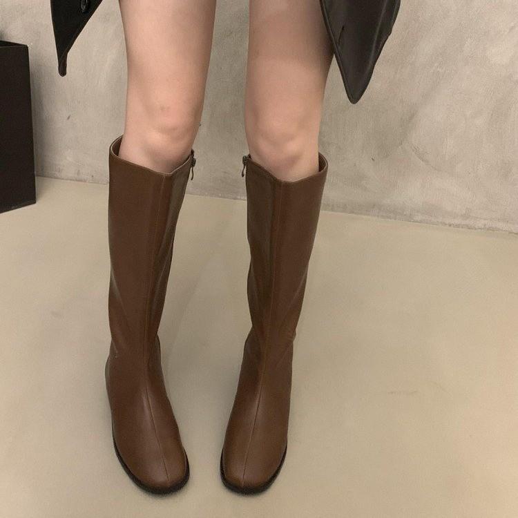 Soft Leather British Style 2025 Knight Boots Square Head Thick Low Heel Autumn and Winter Thin Boots But Knee Versatile Fashion Single Boots