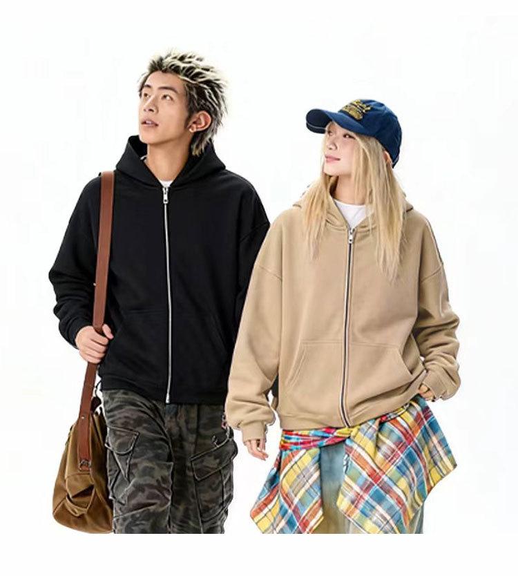 Double Zipper Hooded Cardigan, 420g Large European Size, 100% Cotton, Spring/Autumn, Trendy Loose Jacket