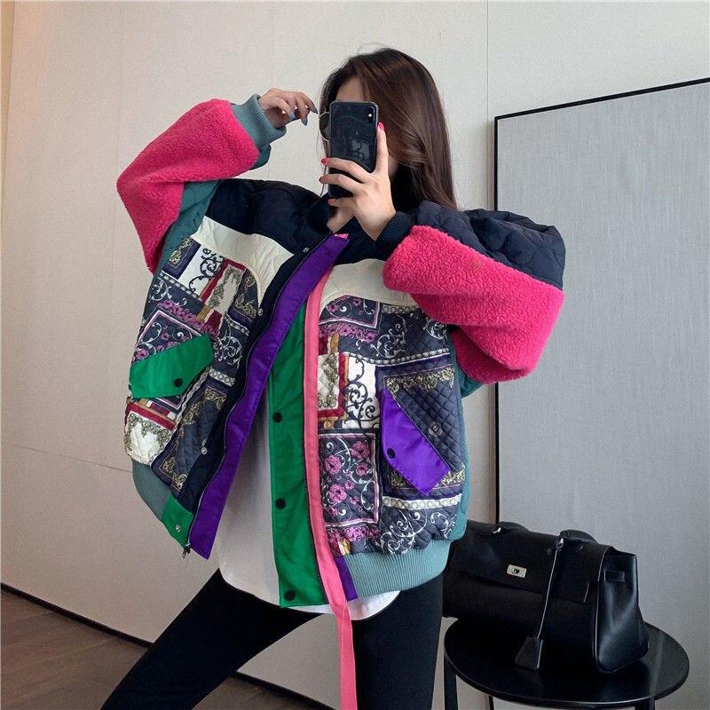 Zimowa damska patchworkowa kontrastowa kurtka Baseballowa wełna jagnięca Luźne ciepłe płaszcze z nietoperzami