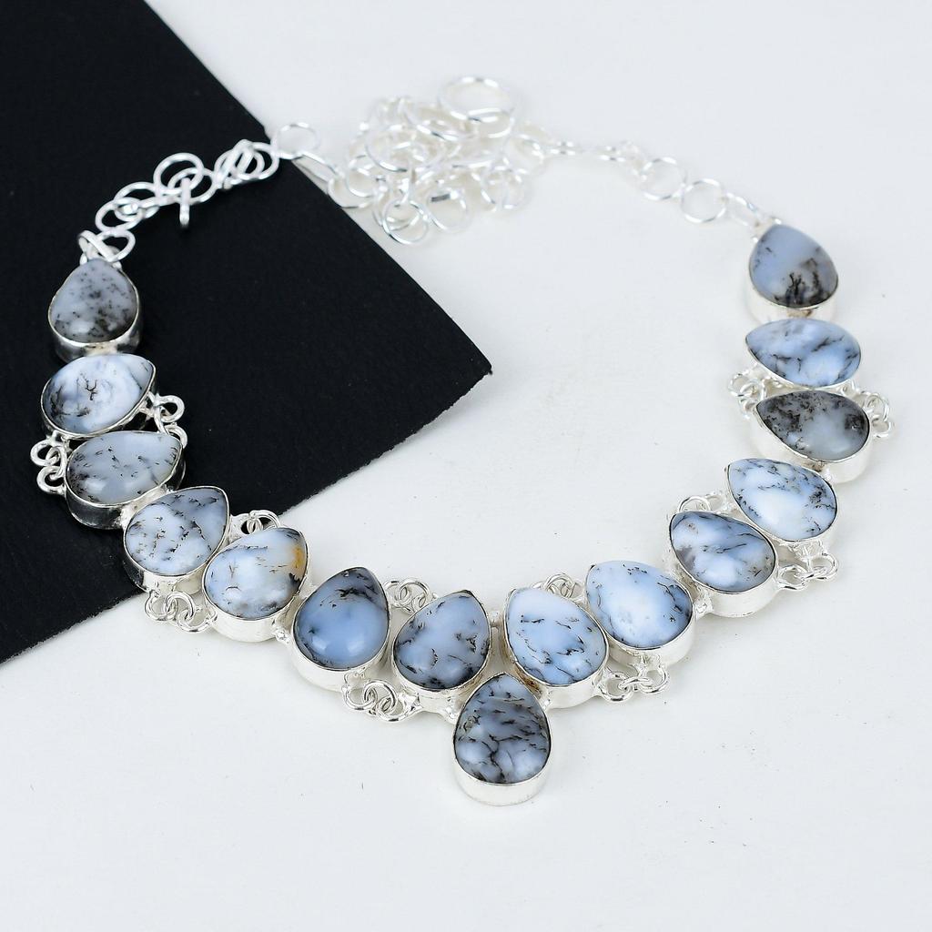 Natural Dendrite Opal Gemstone Handmade 925 Sterling Silver Electroform Necklace, Dendrite Opal Silver For Wife Unisex Necklace Gifts