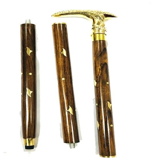Gehstockgriff aus Messing mit braunem Holzstock Gehstockgriff aus Messing