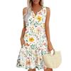 Women V Neck Button Down Floral Print Pockets Dress