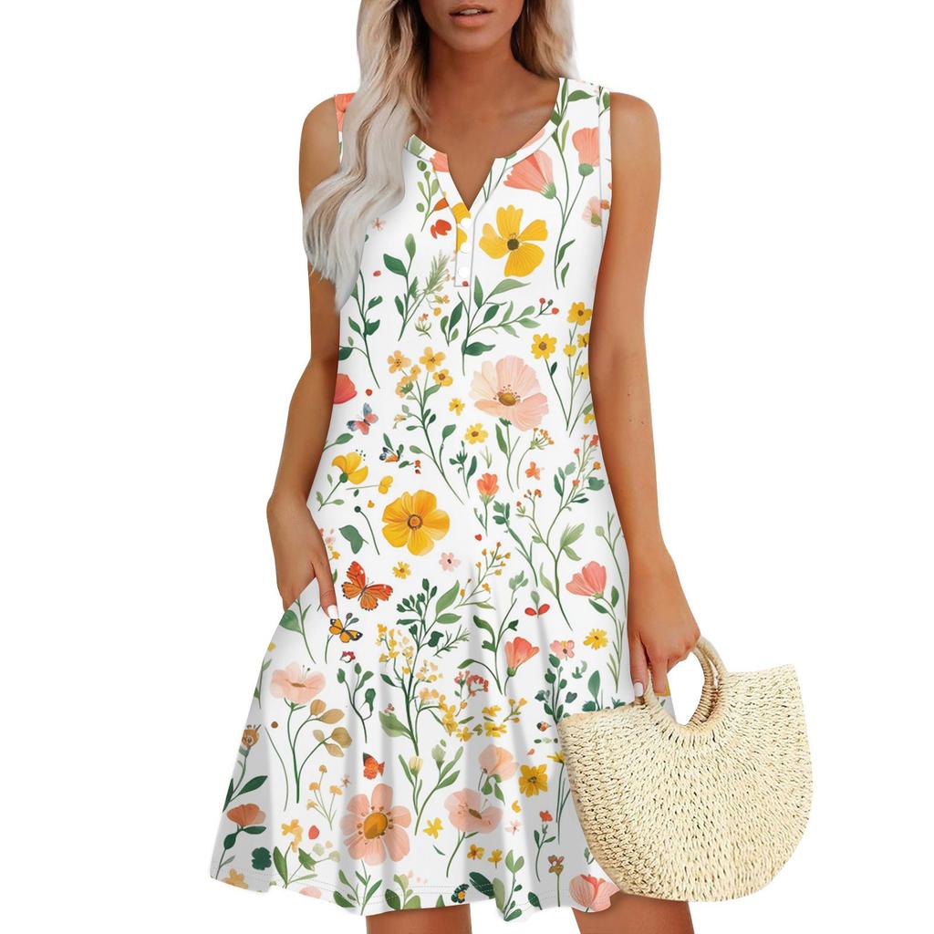 Women V Neck Button Down Floral Print Pockets Dress