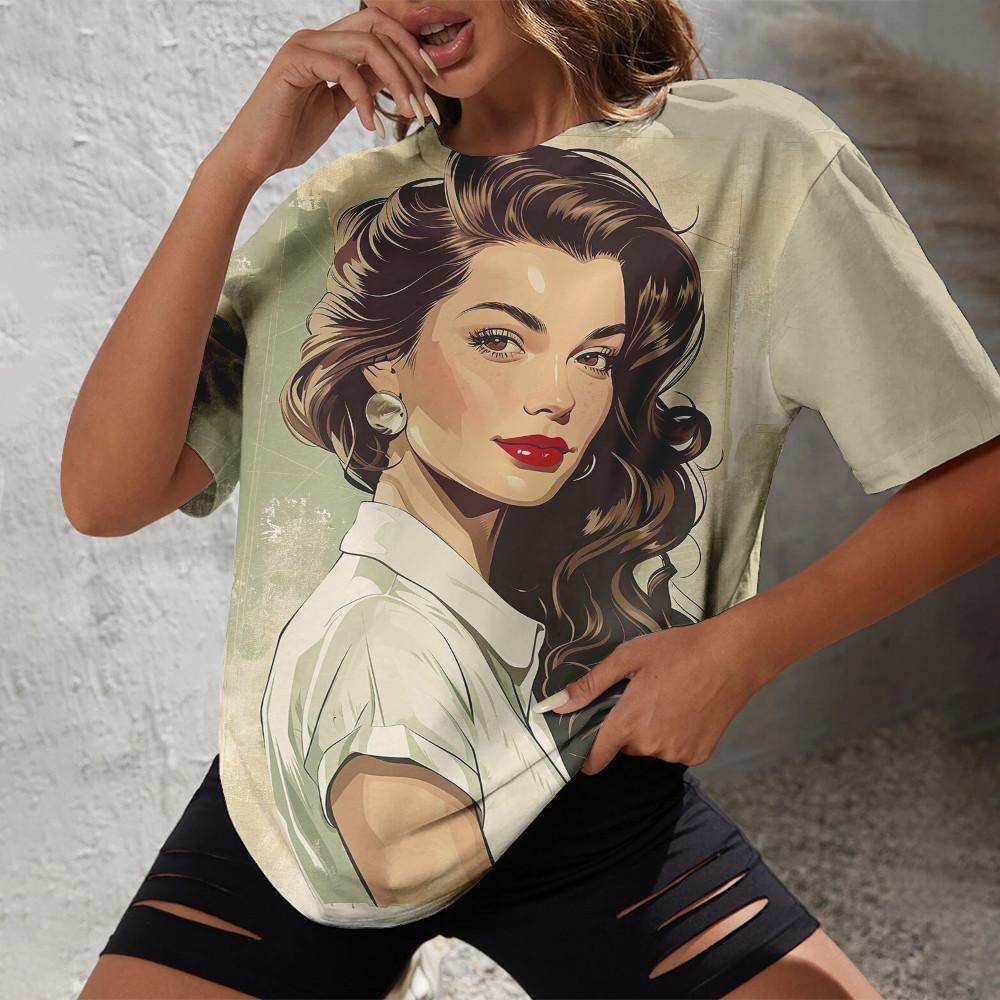 2024 Summer Street Casual And Comfortable Daily Women's Top Minimalist Hand Drawn Portrait Print O-neck Short Sleeved T-shirt