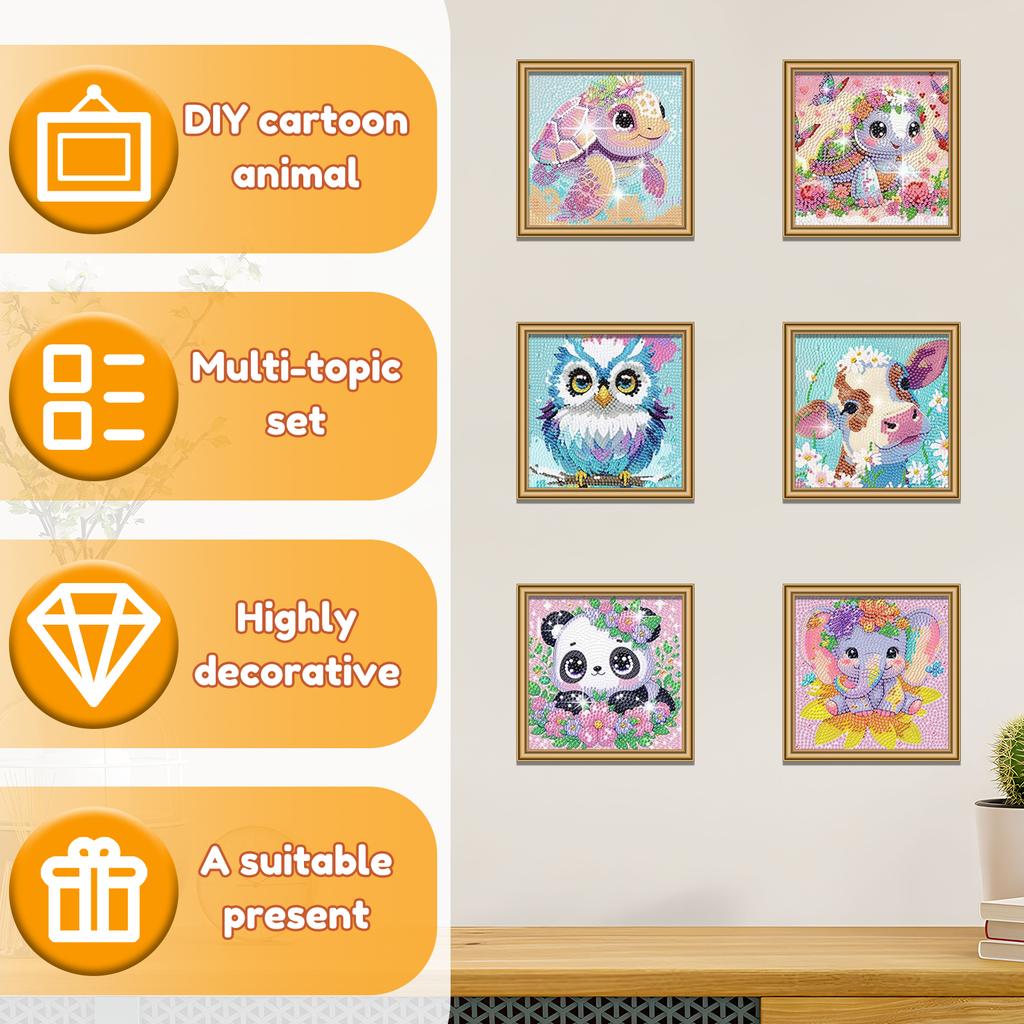6er-Pack Diamond Painting Kits für Kinder Anfänger Full Drill Cartoon Niedliche Tiere Diamond Art Kits DIY Große Edelstein Kunst Heim Wanddekoration