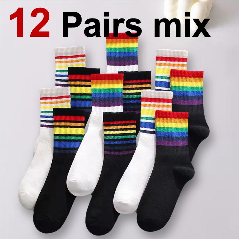 3/6/12 Pairs Women Rainbow Pattern Mid Tube Cotton Socks Fashion Striped Sweat Absorbing Breathable Soft Comfortable Casual Sock