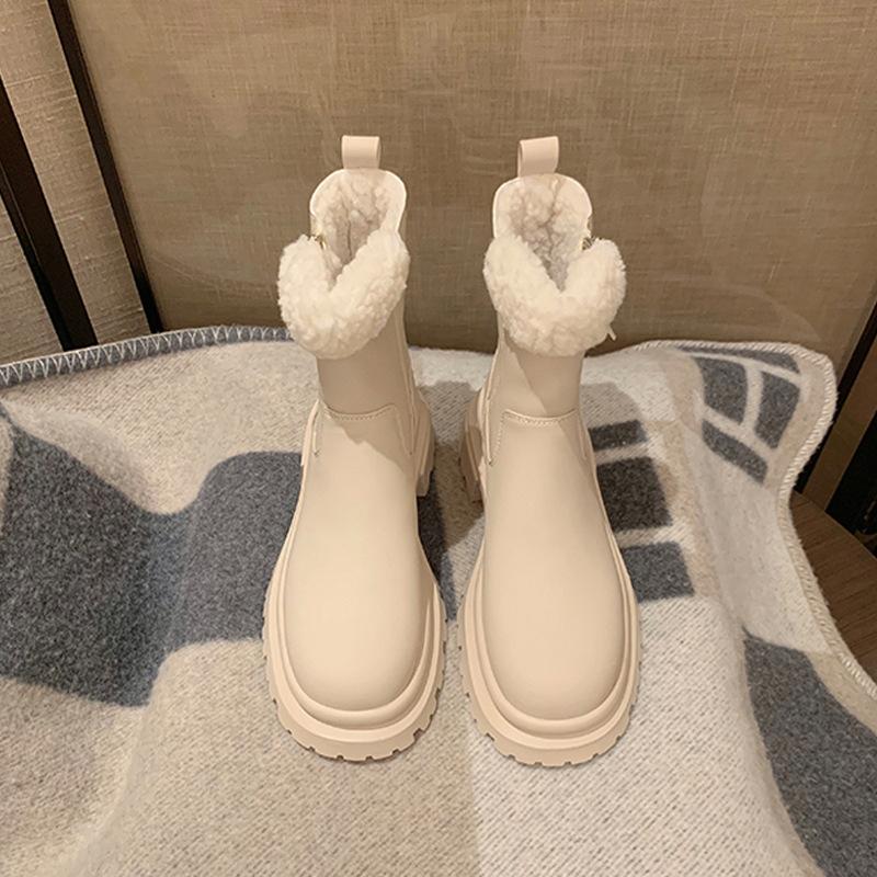 Winter new lamb wool side zipper piled thickened thick heel platform short boots women's fluffy snow boots Martin boots