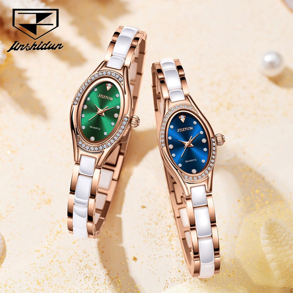 JSDUN 8842 Swiss Quartz Watch for Woman Elegant Luxury Ceramics Steel Strap Fashion Oval Diamond Dial Women's Waterproof Watches