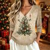 Women's Casual Christmas Print V-Neck Three-Quarter Sleeve T-Shirt Top