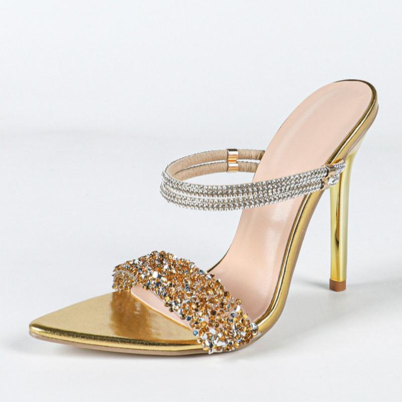 New Fashion Sequined PVC Women Slippers Sexy Pointed Toe Gold High Heels Party Prom Shoes Crystal Rhinestone Strap Sandals