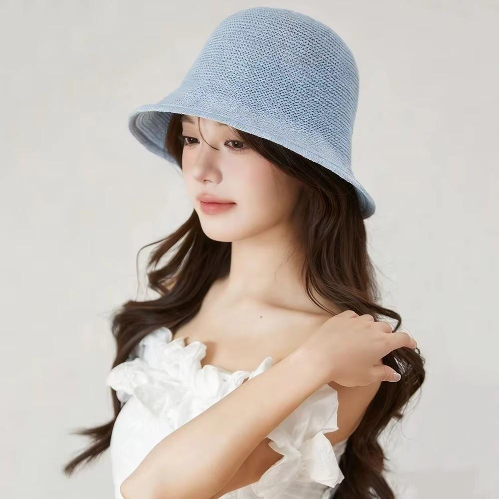 Casual Solid Color Bucket Hat Korean Style Foldable Visor Hat Breathable Knitted Sun Protection Hat For Women
