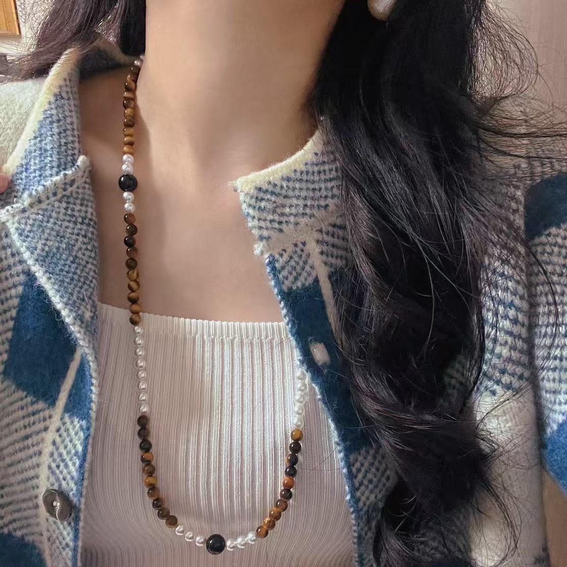 

High Quality Retro Natural Tiger S Eye Stone Black Agate Artificial Crystal Pearl Sweater Chain Necklace Collarbone Chain