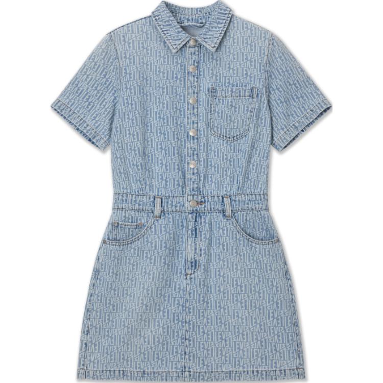 Levis Vintage Denim Collared Printed Short Sleeve Dress Women Dresses Light-Blue 001BV-0001