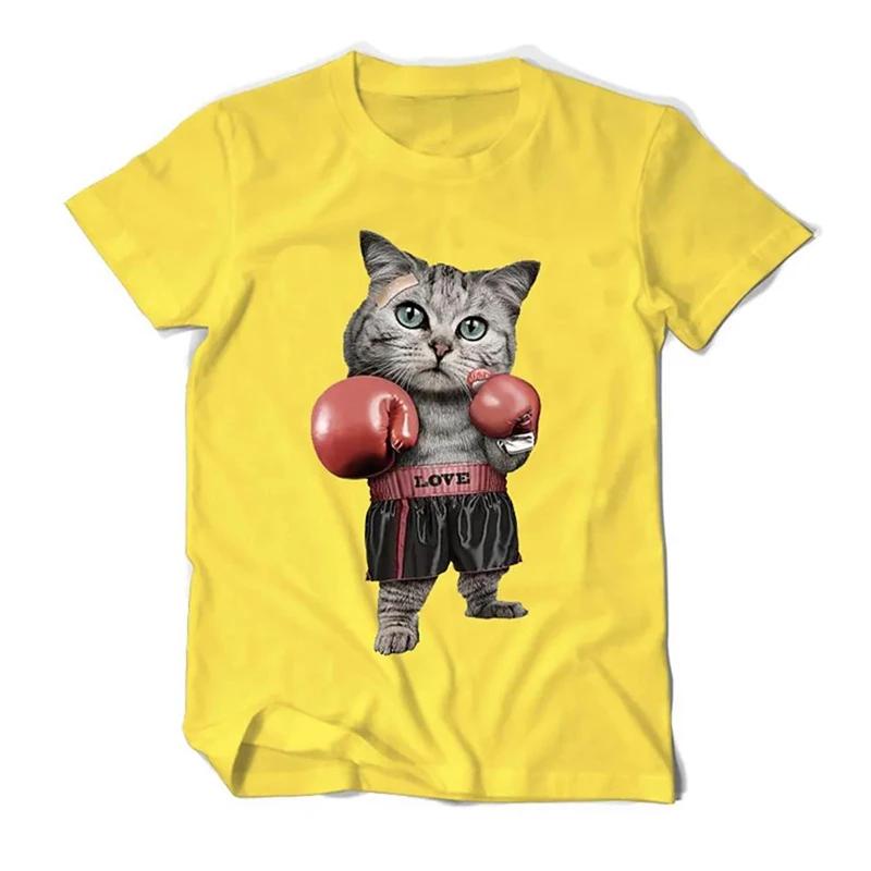 Boxing Cat Graphic Tee Unisex Women Cotton Round Neck Casual TShirt S