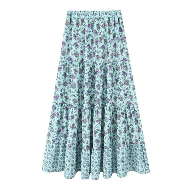 Summer New Arrival Women's Layered Stitching Big Swing Bohemia Retro Print Long Skirt 5029090