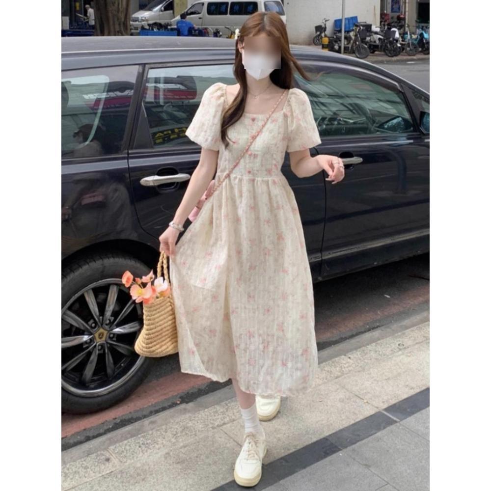 Bubble sleeve French gentle wind blue floral dress new high-end temperament waist fairy first love long dress