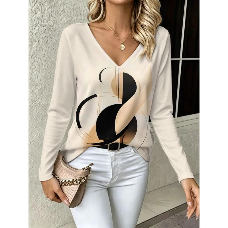Fashion Women's V-Neck Long Sleeve 3D Animal Color Printing Casual Long Sleeve V-Neck T-Shirt