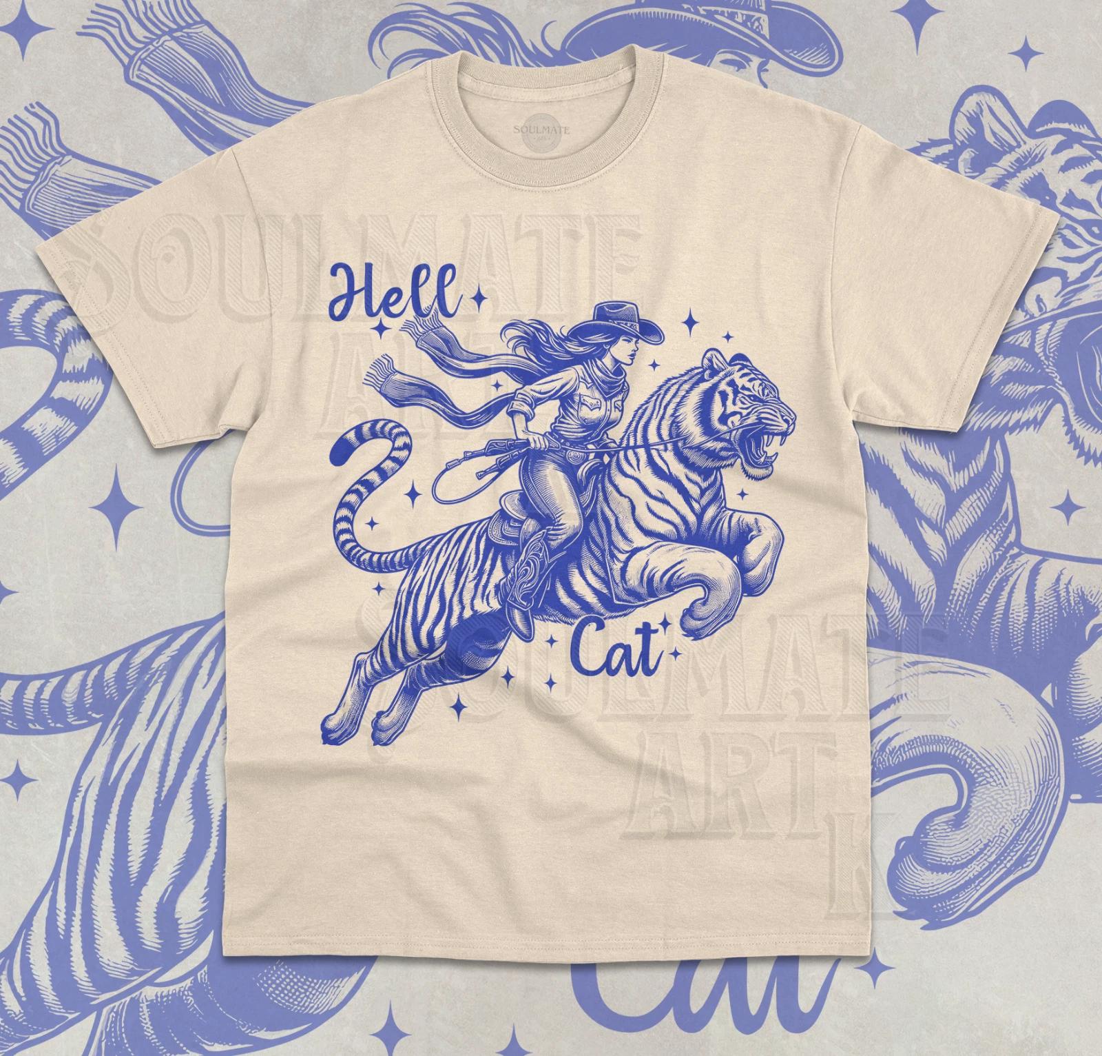 Hell Cat T- Shirt Cowgirl Riding Tiger Funny Meme Cowboy Cat Unisex 90s  Shirt 3XL