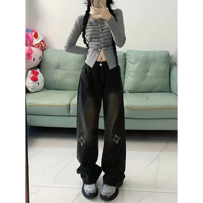 American High Street Vintage Star Embroidered Jeans Women's Autumn High Waist Loose Slim Straight Leg Wide Leg Pants Ins Tide